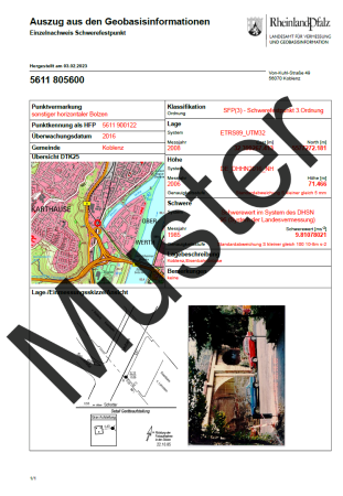 Einzelnachweis Schwerefestpunkt des vermessungstechnischen Raumbezugs (Auszug)
