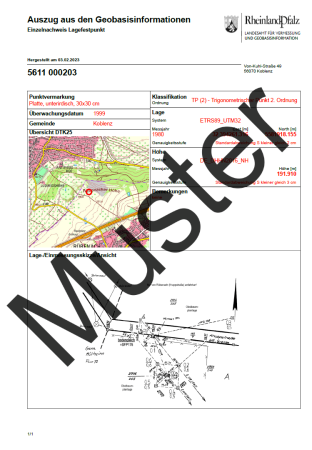 Einzelnachweis Lagefestpunkt des vermessungstechnischen Raumbezugs (Auszug)