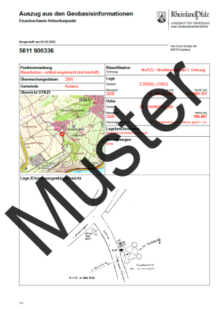 Einzelnachweis Höhenfestpunkt des vermessungstechnischen Raumbezugs (Auszug)