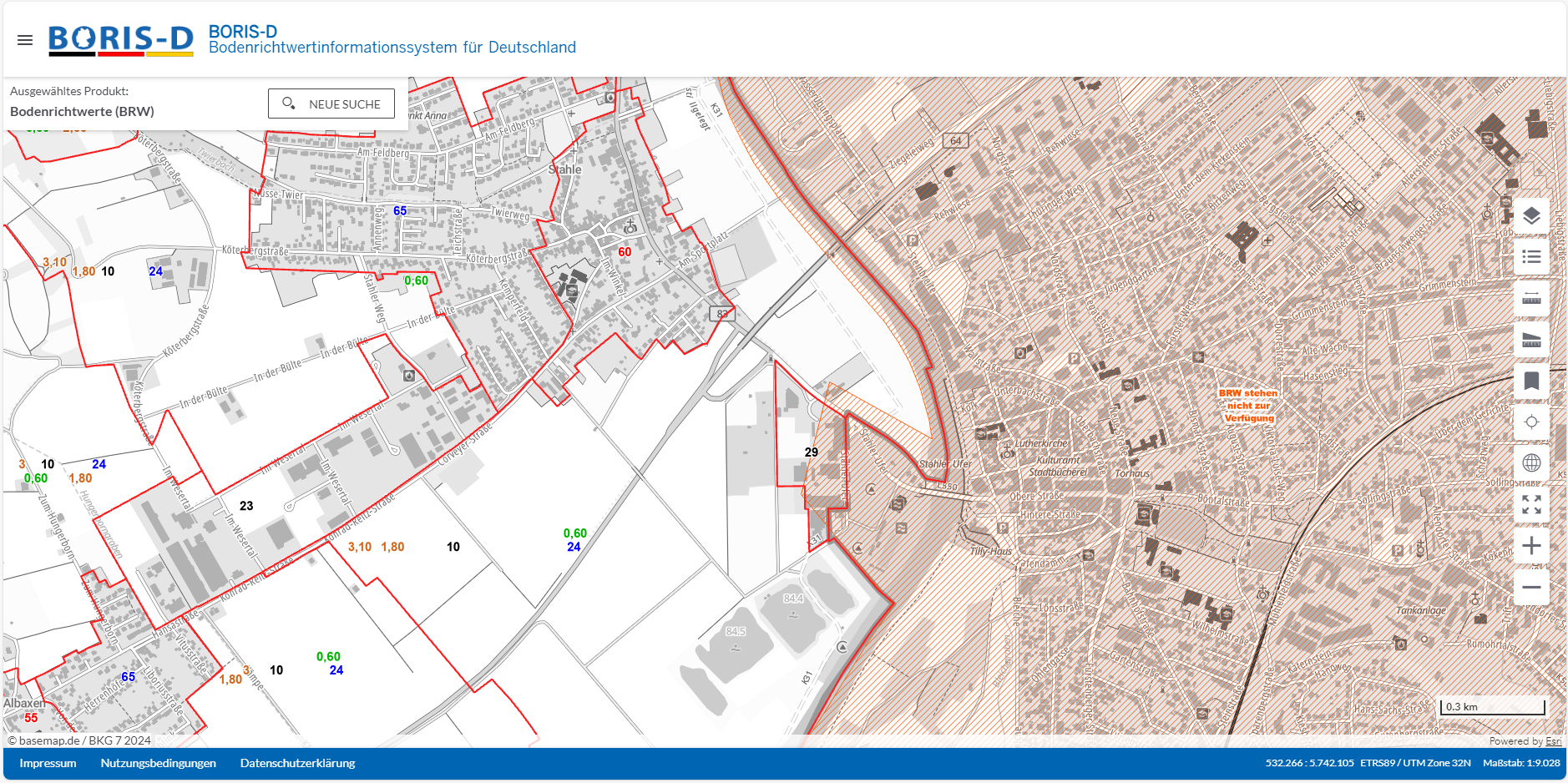 Beispieldarstellung der Bodenrichtwerte für ganz Deutschland auf der Karte
