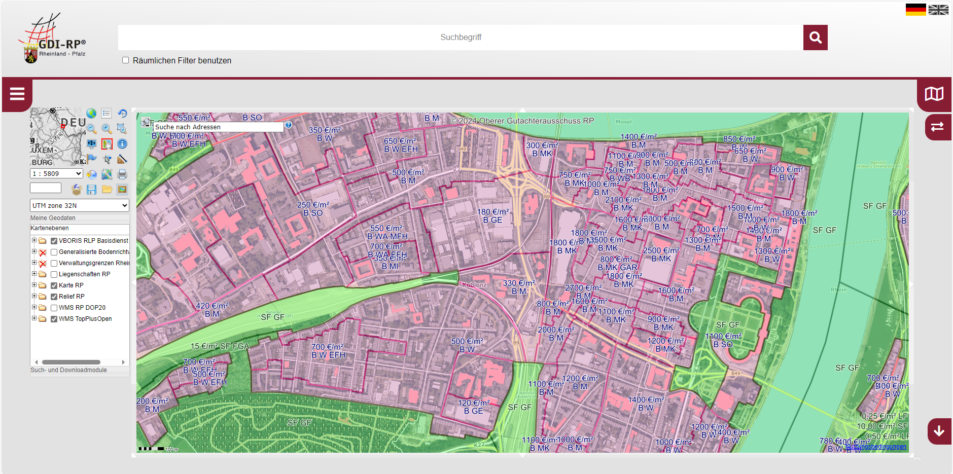 Beispieldarstellung der Bodenrichtwerte für Rheinland-Pfalz im Geoportal